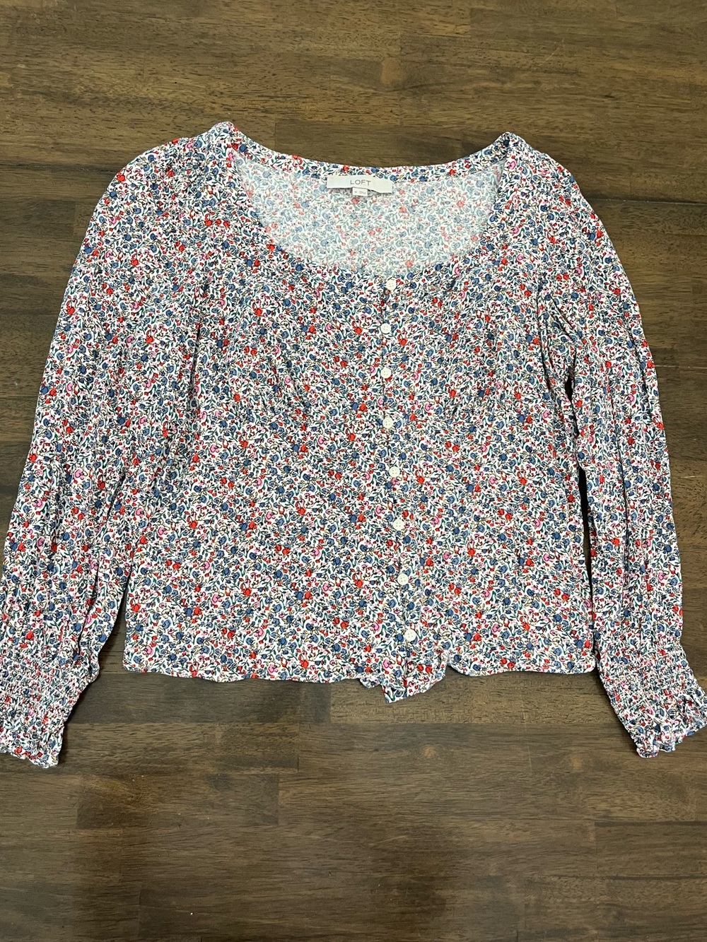 LOFT Womens Floral Button-Front Blouse White with Floral Print Long Sleeves MED